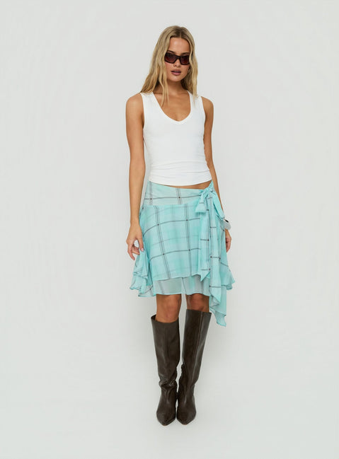 Ophella Tie Waist Chiffon Midi Skirt Aqua Check