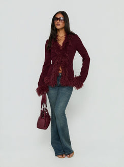 Brynlie Faux Fur Trim Boxy Cardigan Burgundy
