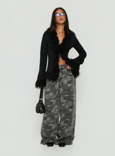 Brynlie Faux Fur Trim Boxy Cardigan Black