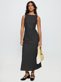 side view of model wearing Princess Polly Voyager Linen Blend Midi Dress Black Polka Crew Neck 