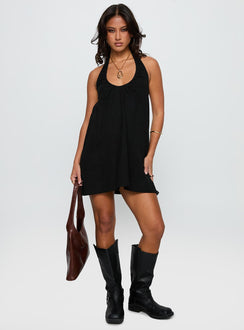 front view of model wearing Princess Polly Daydreams Linen Blend Halter Mini Dress Black Scoop Neck 