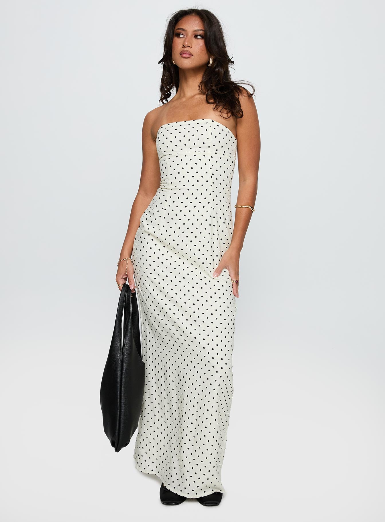 front view of model wearing Princess Polly Dovie Linen Blend Strapless Midi Dress Cream Polka Straight Neck 