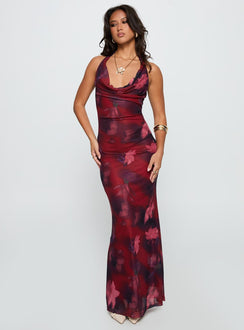 front view of model wearing Princess Polly Vixyn Halter Maxi Dress Red Multi Cowl Neck 