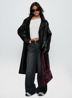 For The Fame Faux Leather Trench Coat Black