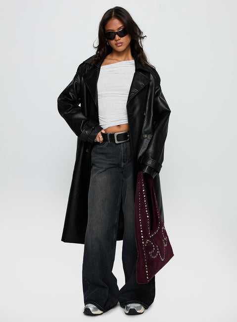 For The Fame Faux Leather Trench Coat Black