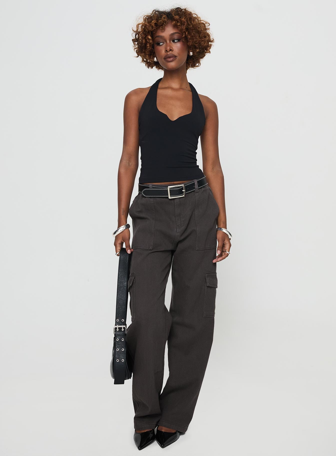 front view of model wearing Princess Polly Pawley Cargo Pants Slate High Waisted Pants 