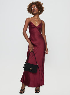 front view of model wearing Princess Polly Marilyn Maxi Dress Wine Plunger 