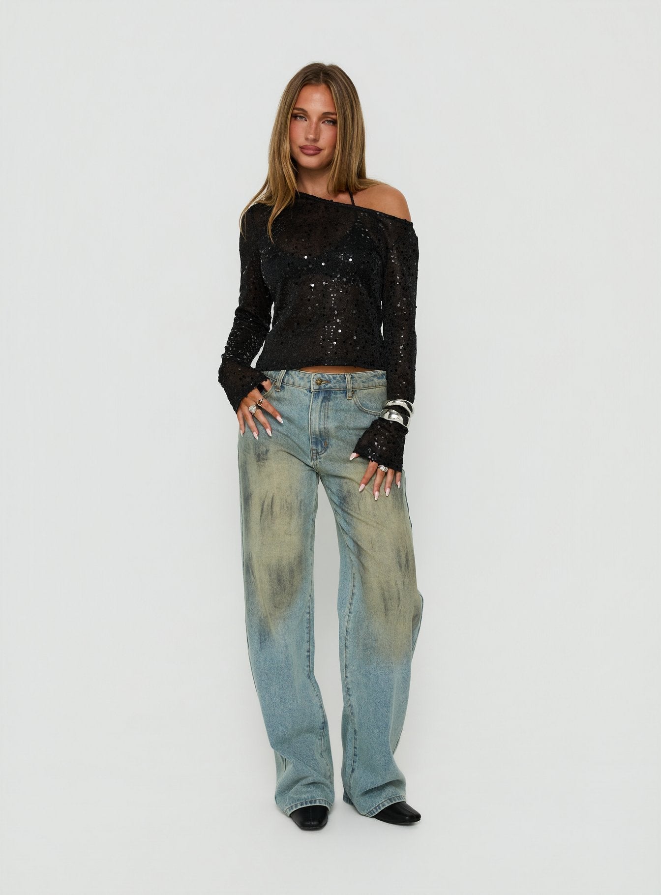 Odena Layered Sequin Long Sleeve Top Black