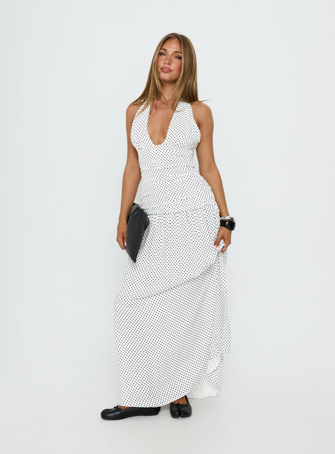 Millen Gathered Waist Halter Maxi Dress White Polka Dot