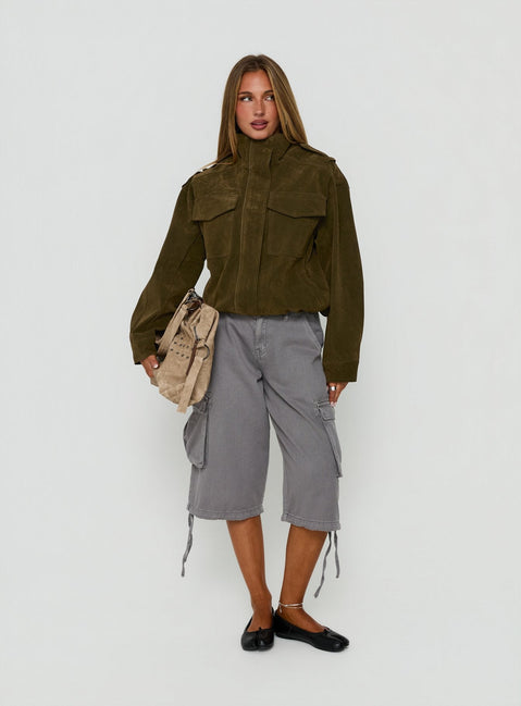 Double Life Funnel Neck Cargo Jacket Olive Green
