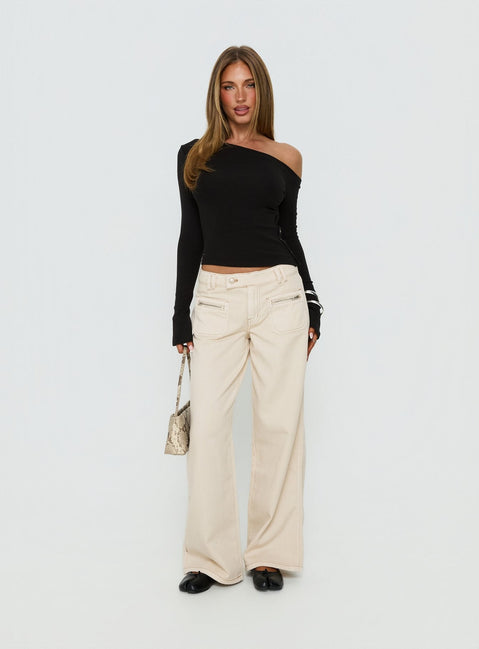 front view of model wearing Princess Polly Lifetimes Mid Rise Wide Leg Cargo Jeans Cream Mid Rise Jeans Jeans 