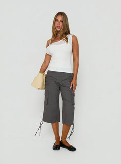 Featuring the Alfonza Utility Capri in Slate womens-regular-pants with mid-rise cargo styling front view of model wearing Princess Polly