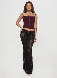 back view of model wearing Princess Polly Trynia Top Burgundy Sleeveless Square Neck 