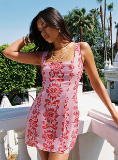 side view of model wearing Princess Polly Maris Mini Dress Pink / Red Square Neck 