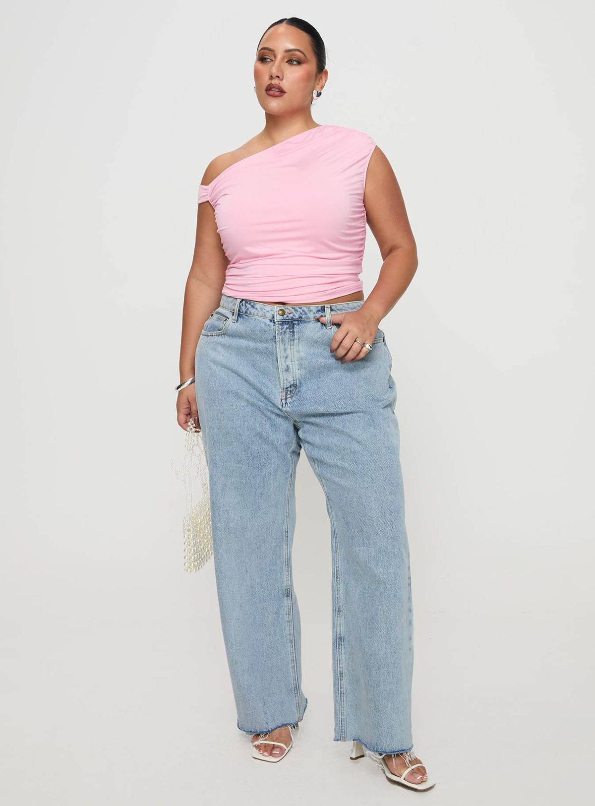front view of model wearing Princess Polly Fawcett High Rise Straight Leg Jeans Light Blue Wash Curve High Rise Jeans Jeans 