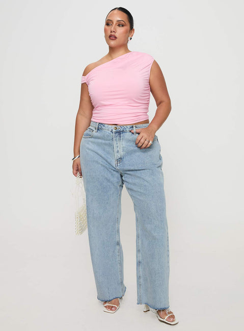 front view of model wearing Princess Polly Fawcett High Rise Straight Leg Jeans Light Blue Wash Curve High Rise Jeans Jeans 