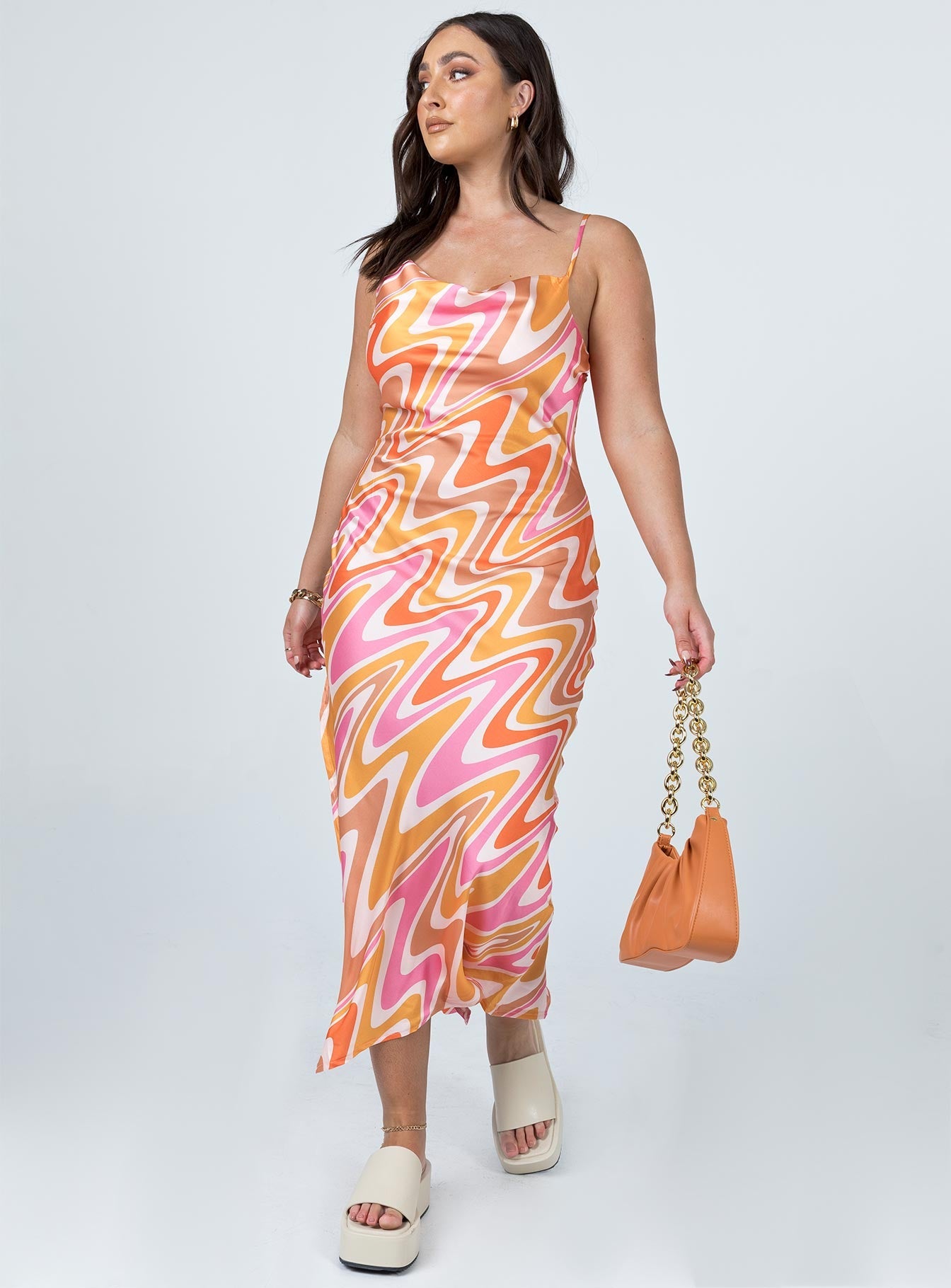 front view of model wearing Princess Polly Zamora Maxi Dress Orange / Pink 