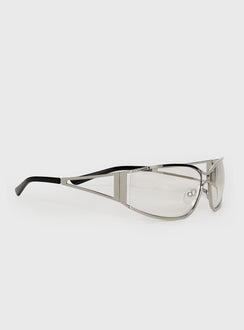Silver-toned sunglasses Metal frame, silver tinted lenses, silicone nose pads, thick temples, black detail tip temples