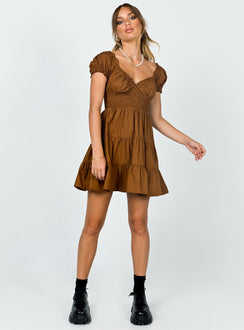 front view of model wearing Princess Polly Daniela Mini Dress Chocolate Brown 