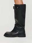 Knee-high boots Riding style, rounded toe, thick sole with grooves, gold-toned buckle detail