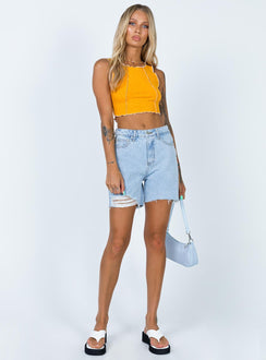 front view of model wearing Princess Polly Maggie Denim Shorts Denim High Waisted Shorts 