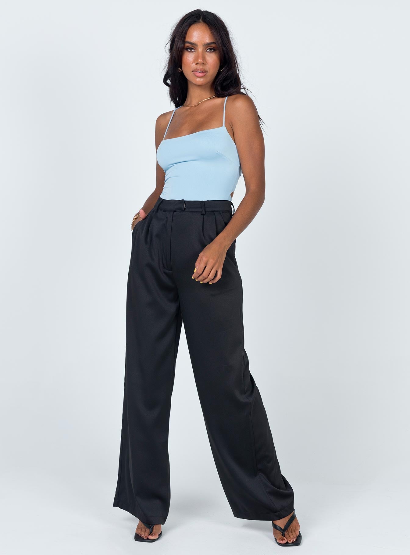 front view of model wearing Princess Polly Karlah Bodysuit Blue Sleeveless Square Neck 