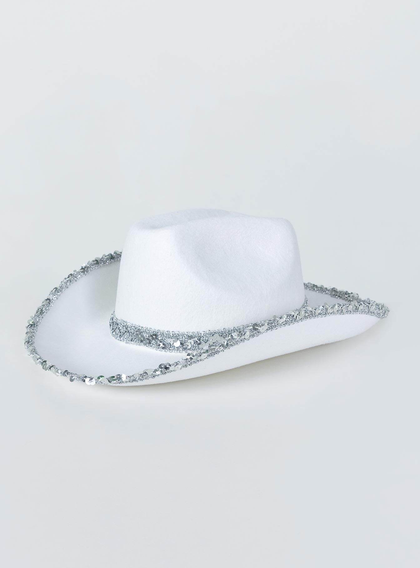 Cowboy hat 50% polyester 50% acrylic Faux felt material  Sequin rim & headband  Stiff curved brim  OSFM 