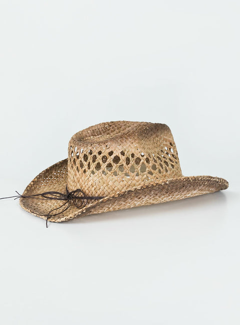 Cowboy hat Woven straw Curved wide brim  Internal adjustable drawstring Mouldable brim shape Bead detail