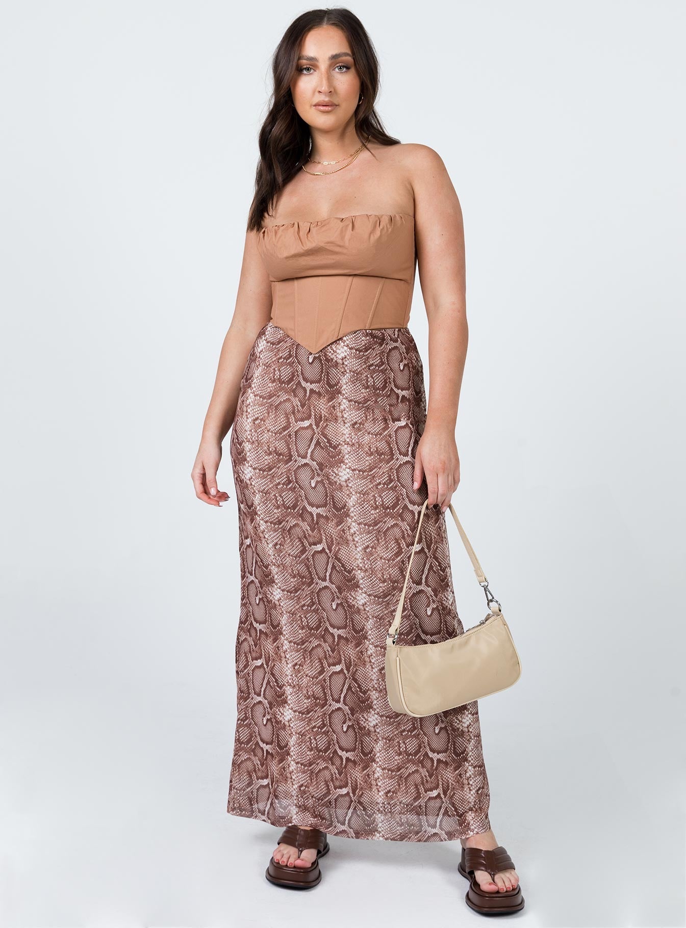 front view of model wearing Princess Polly Bad Gal Bustier Brown 