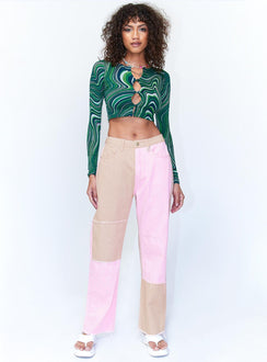 front view of model wearing Princess Polly Kaisha Denim Jeans Pink Mid Rise 