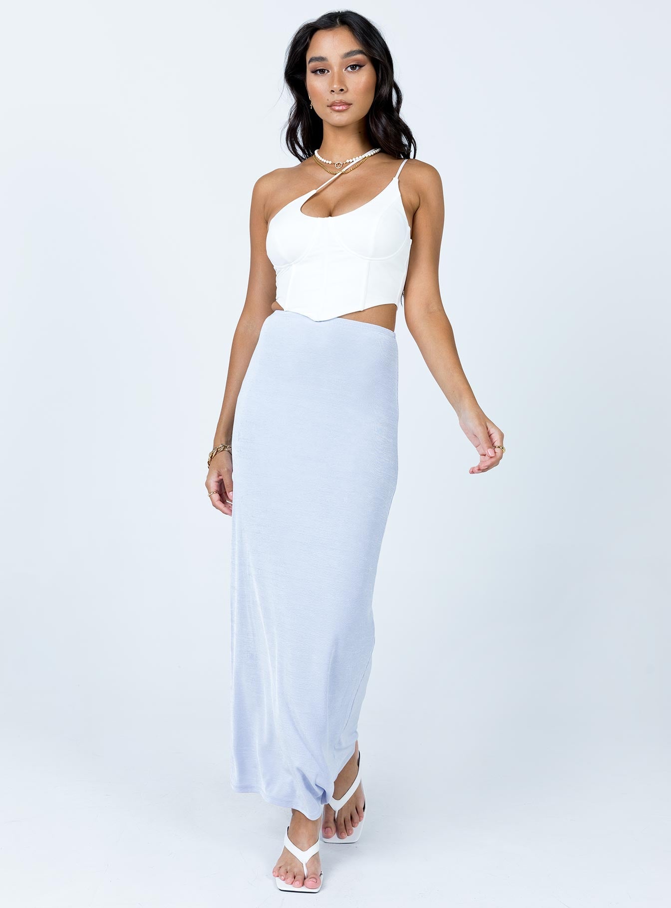   front view of model wearing Princess Polly Harriette Maxi Skirt Light Blue 