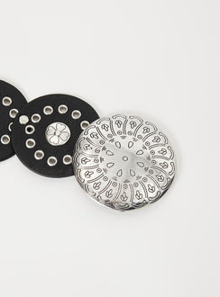 Faux leather belt Gunmetal hardware round buckle, grommets detail, adjustable length