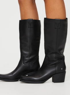 Knee high boots Western style, block heel, point toe, padded footbed, pull tabs at leg