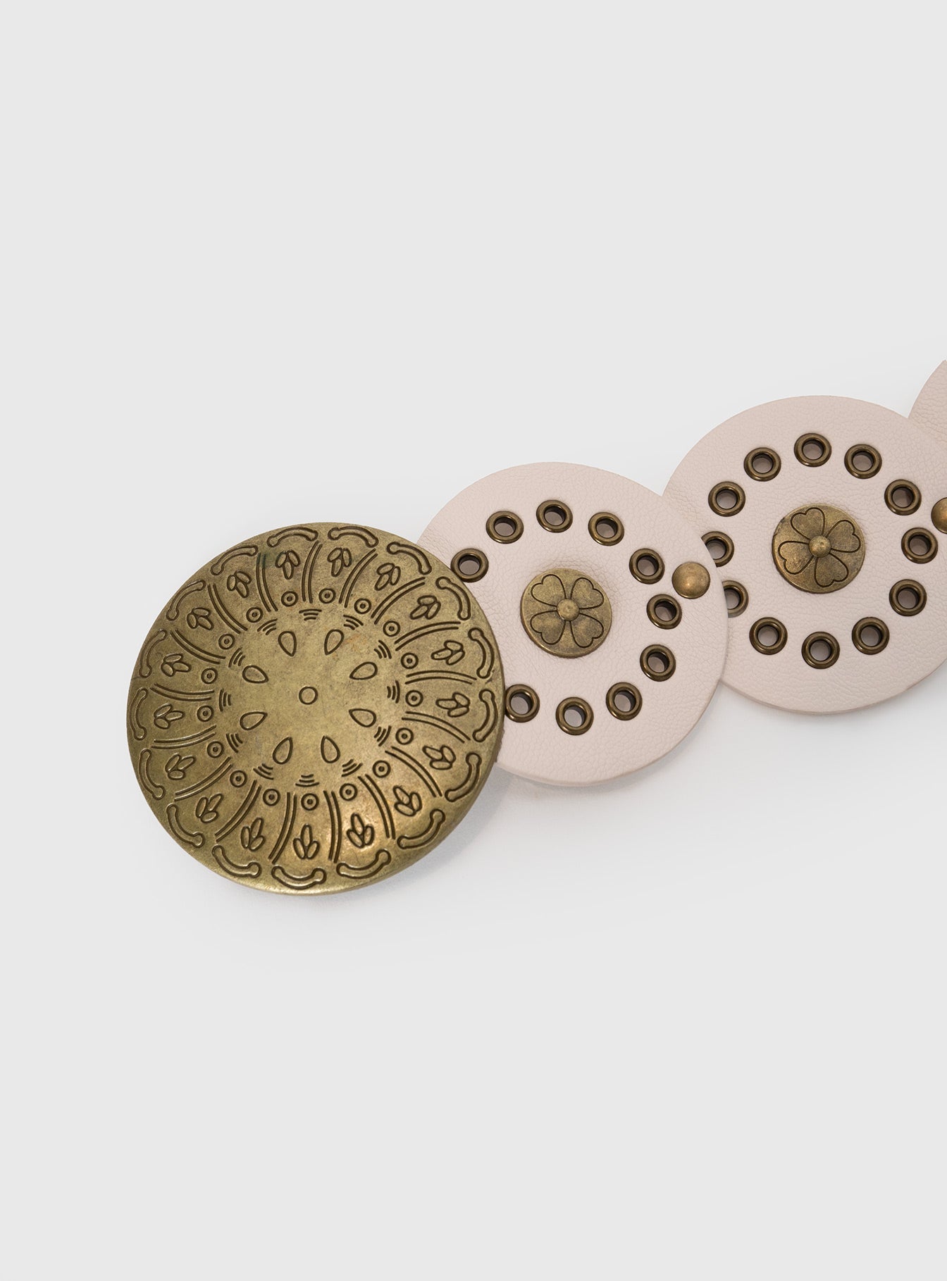 Faux leather belt Gunmetal hardware round buckle, grommets detail, adjustable length