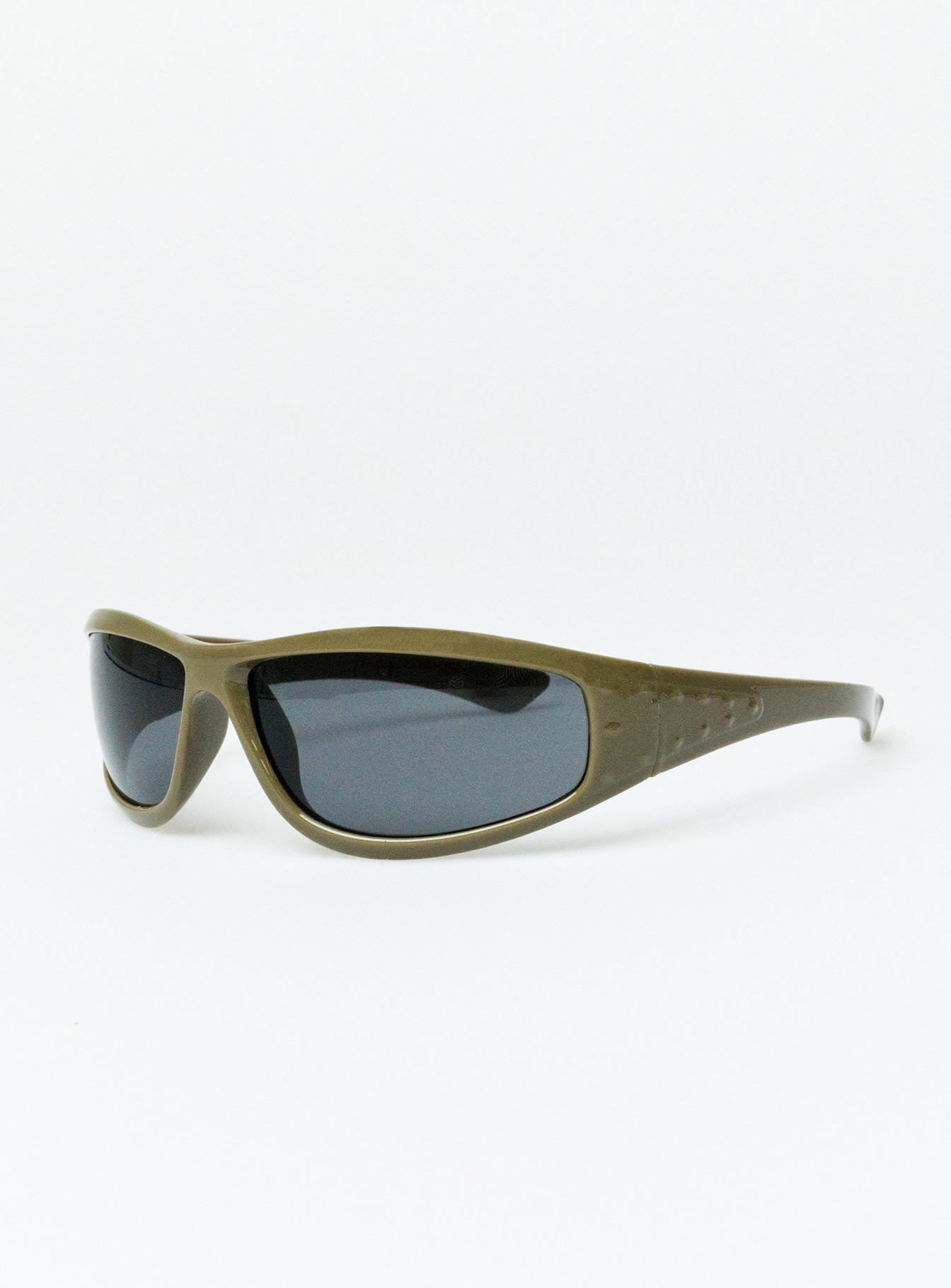 Sunglasses Wrap around design Light weight frame Brown tinted lenses Moulded nose bridge