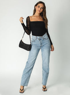 front view of model wearing Princess Polly Delany Bodysuit Black Full Sleeves Square Neck 