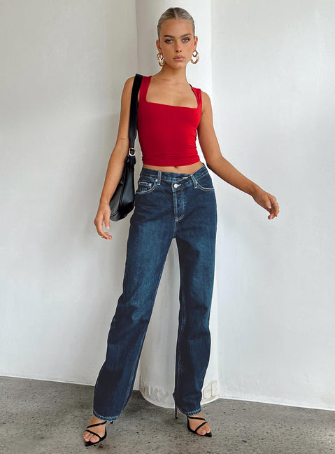 product Princess Polly Mid Rise  Holly Asymmetric Straight Leg Jean Dark Wash Denim