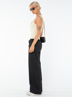 Cargo pants, mid-rise, relaxed fit Drawstring waist, four pocket design, wide leg Non-stretch material, unlined 