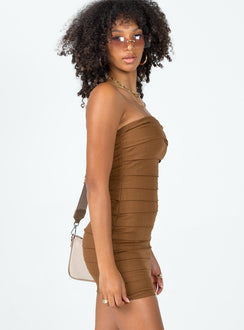 side view of model wearing Princess Polly Emmaline Strapless Mini Dress Brown Square Neck 