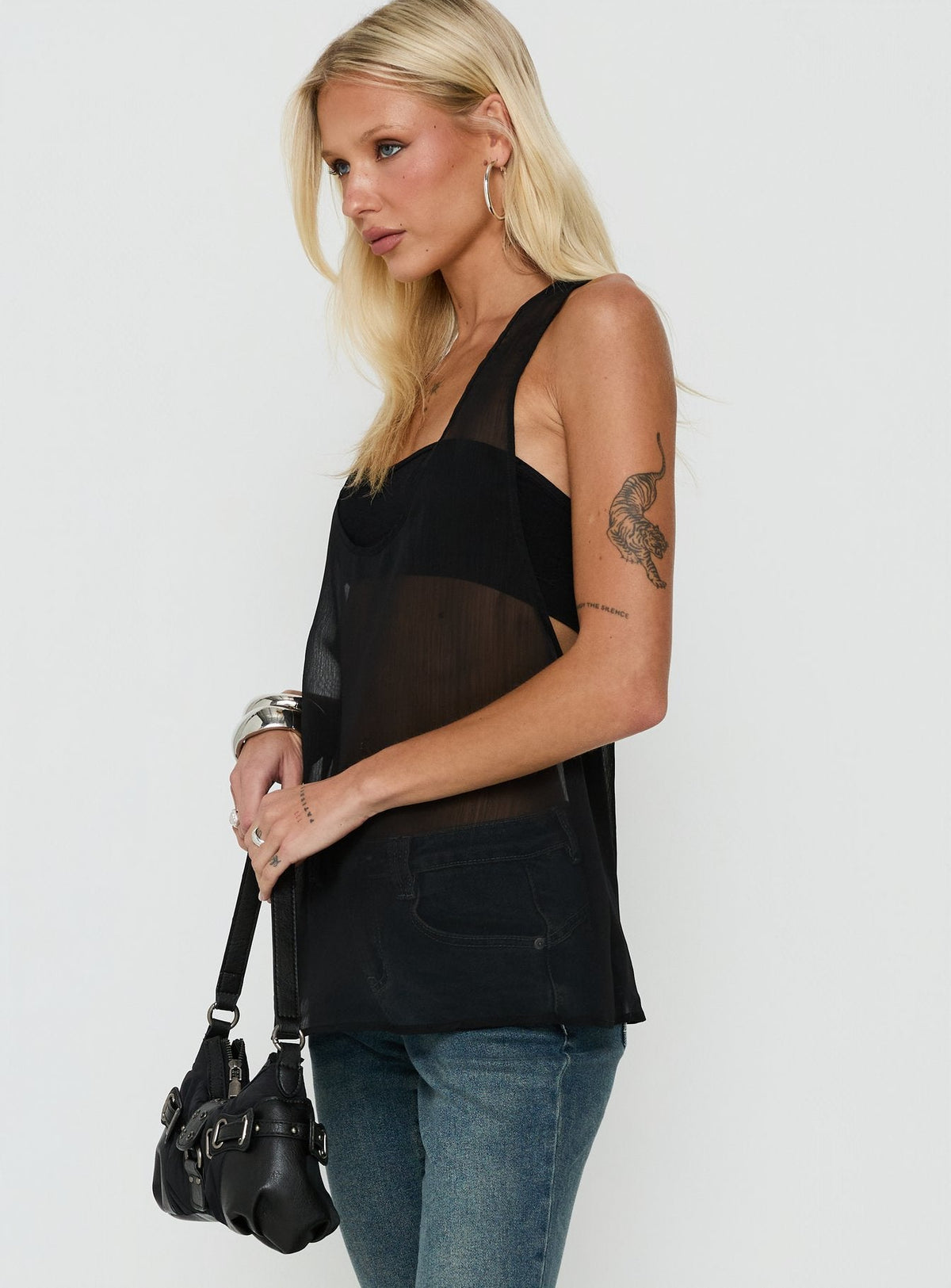 Orelea Sheer Chiffon Racerback Tank Top Black