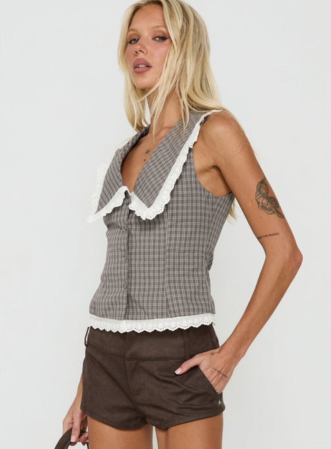 Mayci Collared Lace Trim Top Brown Check