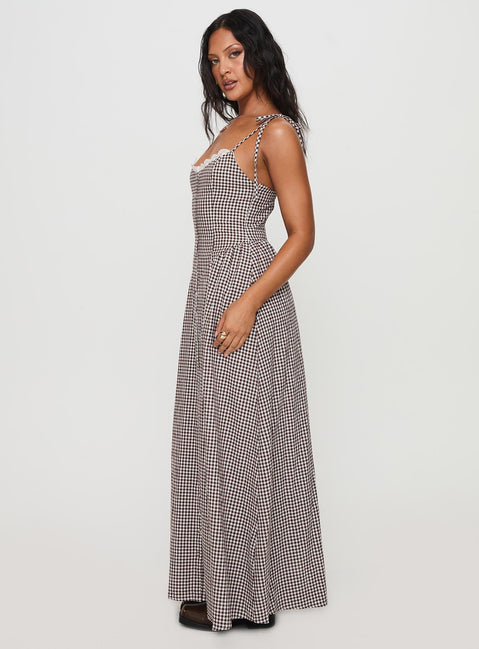 Dalanie Tie Strap Maxi Dress Brown Gingham Petite