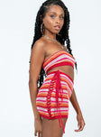 Red matching set Crochet knit material Strapless crop top Lace-up fastening at back Mini skirt Adjustable lace-up sides