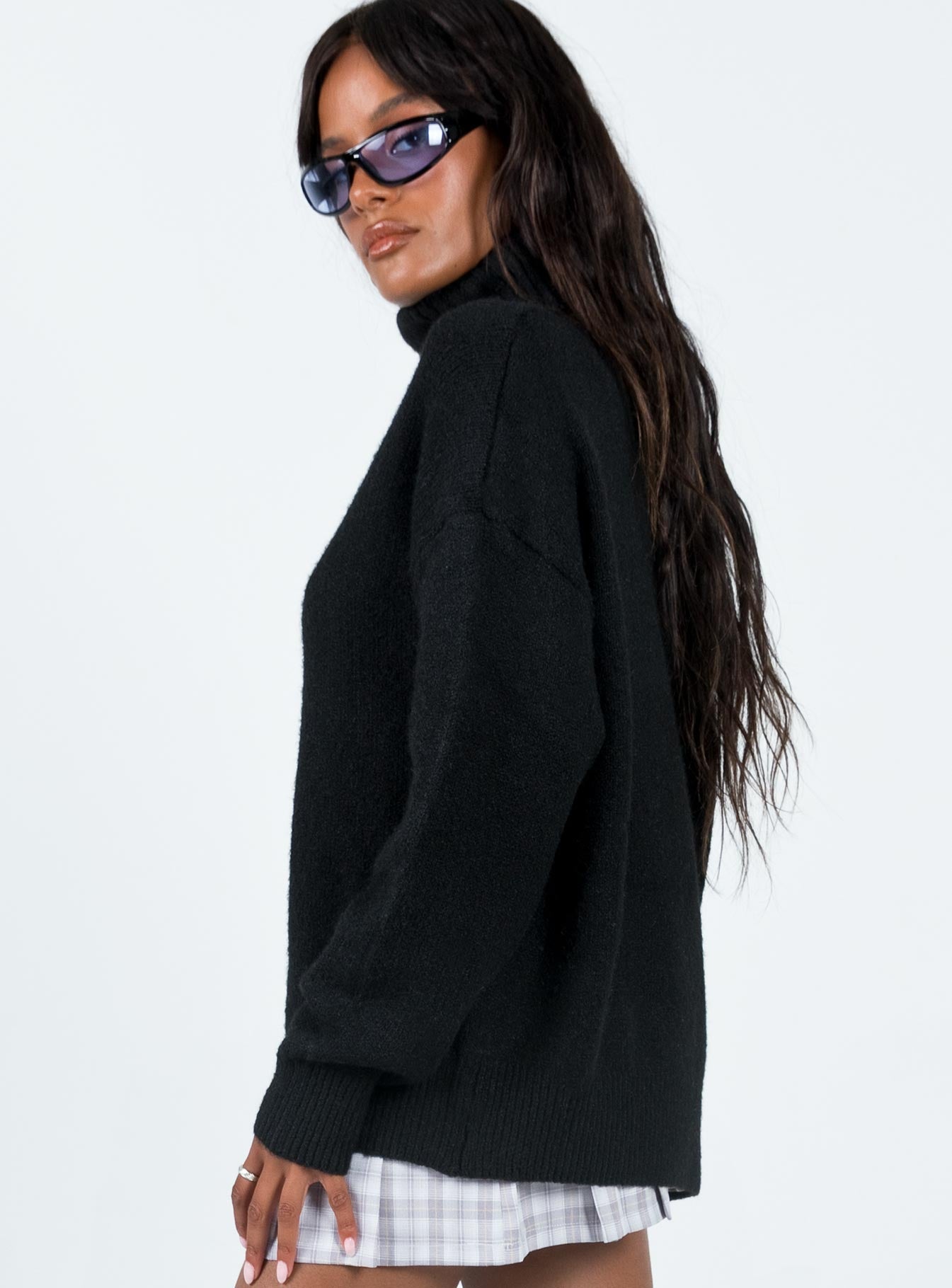 side view of model wearing Princess Polly Oswin Turtleneck Sweater Black Long 