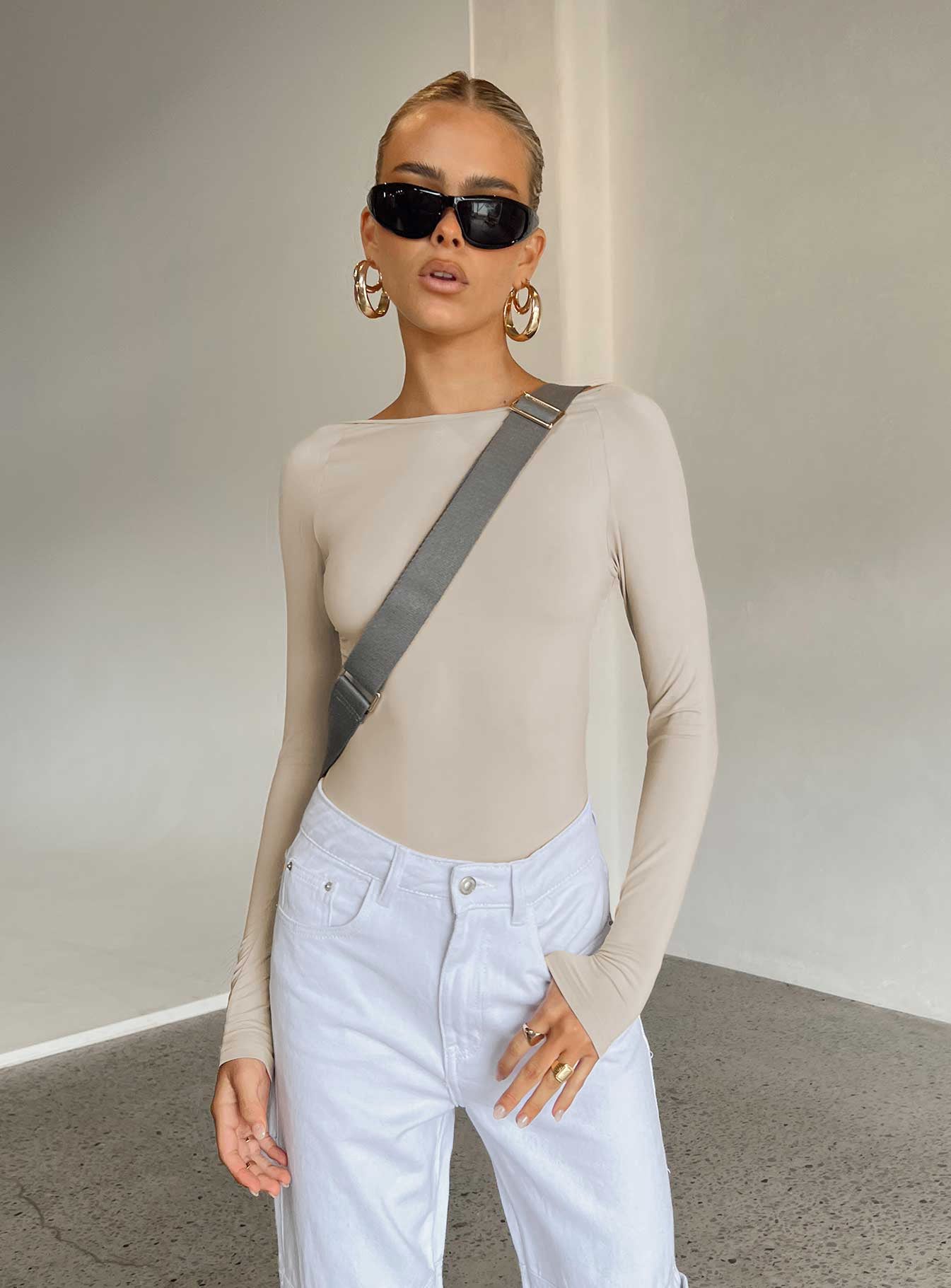 front view of model wearing Princess Polly Gatewood Long Sleeve Bodysuit Bone Full Sleeves 