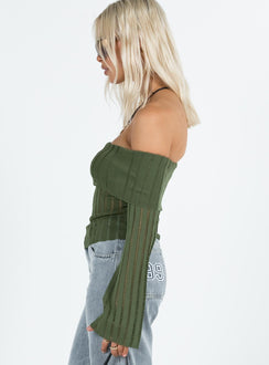 Green off the shoulder top Knit material Folded neckline Inner silicone strip at bust Flared sleeves