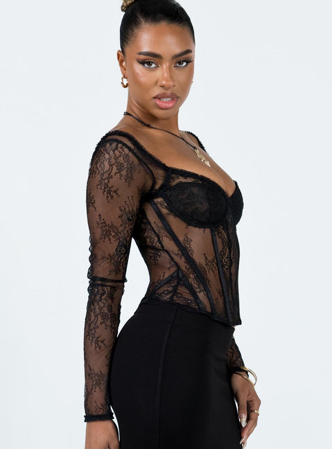 product Princess Polly Full Sleeves Square Neck  Some Like It Hot Long Sleeve Lace Corset Black