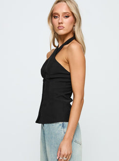 side view of model wearing Princess Polly Light Is Coming Cross Detail Top Black Sleeveless 