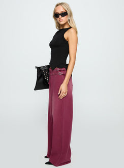 side view of model wearing Princess Polly Paltrow Mid Rise Wide Leg Cargo Jeans Washed Burgundy Mid Rise Jeans 