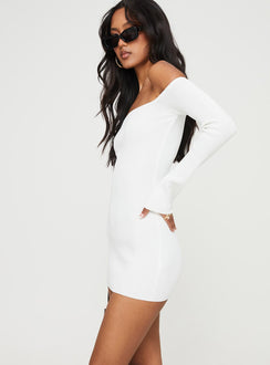 side view of model wearing Princess Polly Parisa Long Sleeve Mini Dress White Straight Neck 